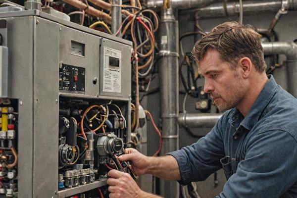 Professional HVAC technician working on heating system