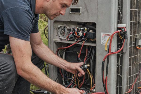 Professional technician repairing heat pump outdoor unit